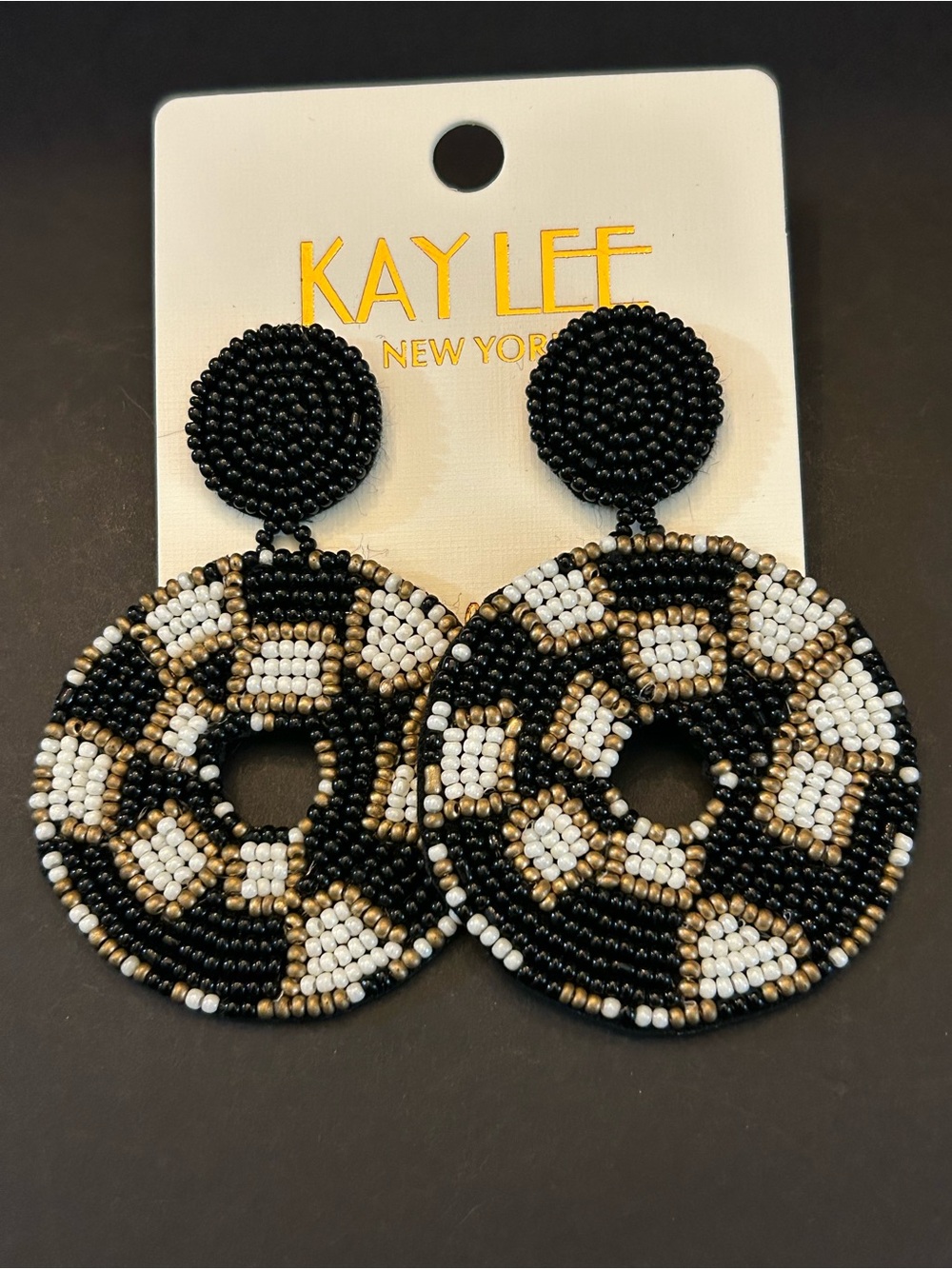 Kay Lee Black, White & Gold Hand Beaded Boho Circular Design Drop Earrings